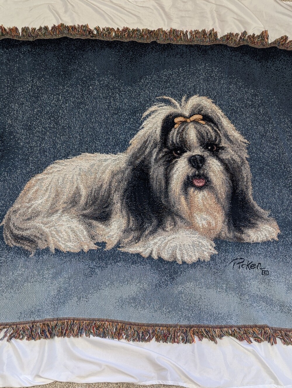 Laura Picken Shih Tzu Woven Tapestry Throw Blanket 42" X 52" Fringe Vintage